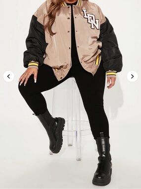 Beige and Black Varsity Bomber Jacket with Lettering